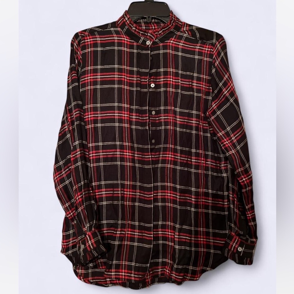 LOFT Women’s Plaid Button-Up Shirt w/ Ruffled Collar Size M